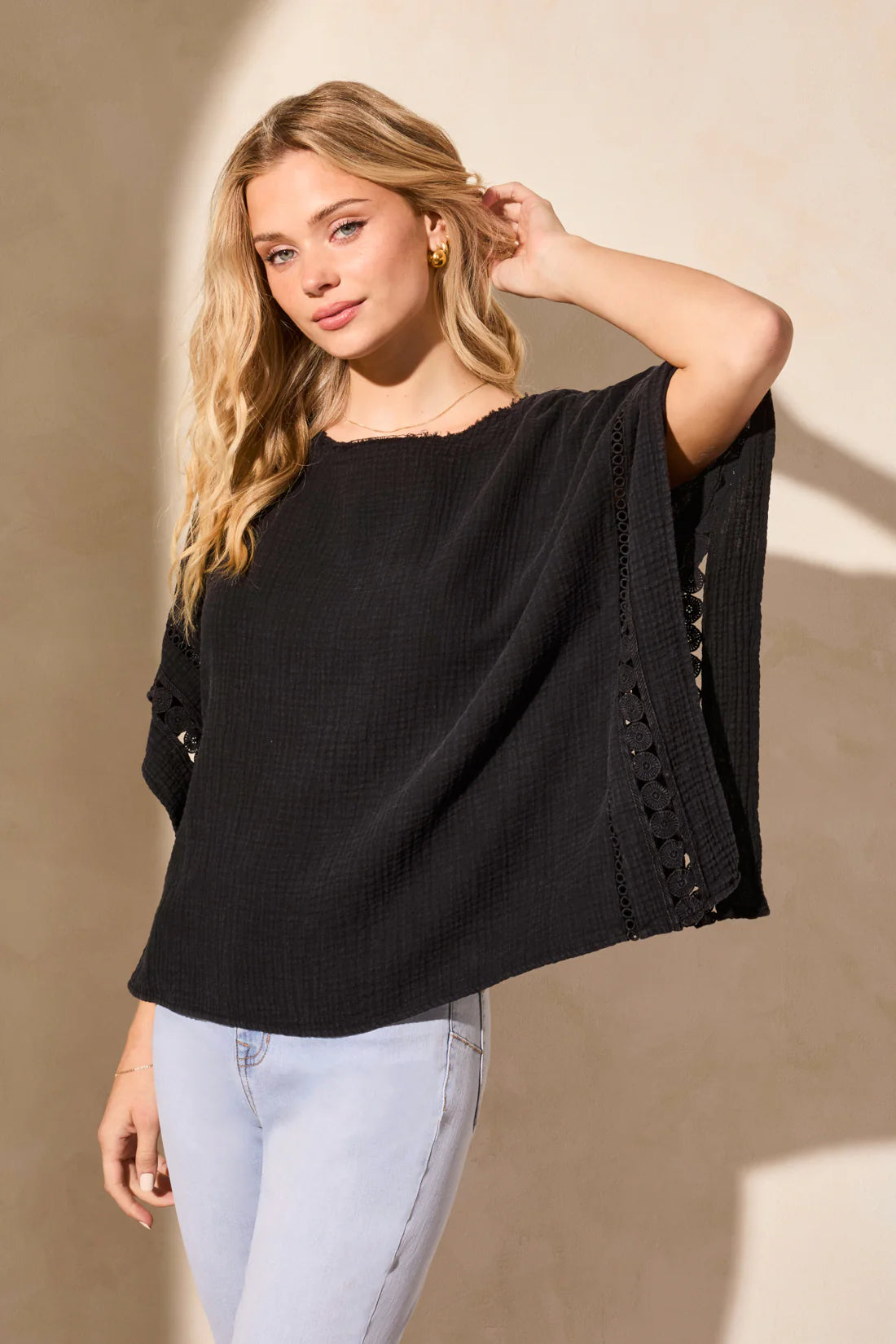 Vintage Wash Cotton Gauze Kaftan Blouse With Fancy Trim by Tribal