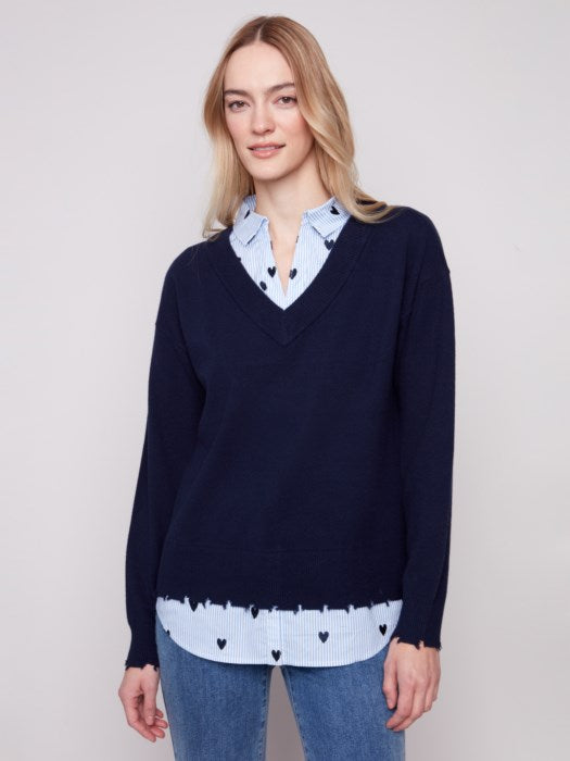 V-Neck Fooler Sweater with Embroidered Shirt by Charlie B