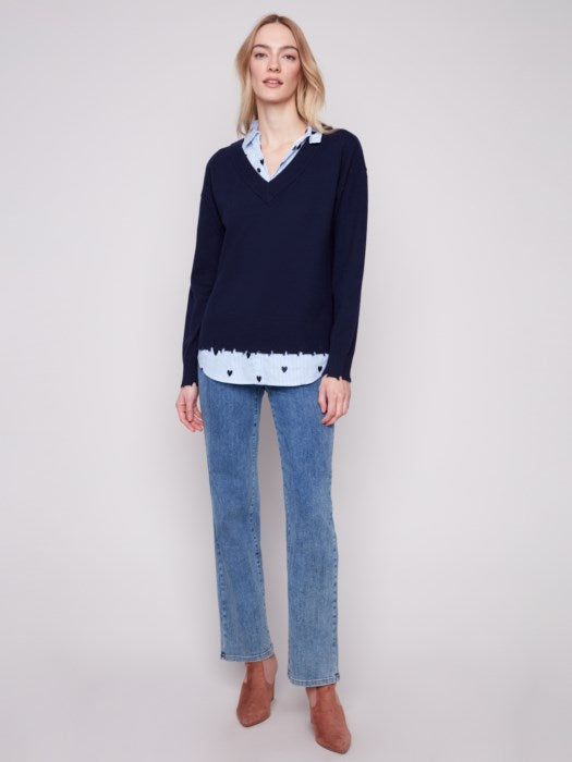 V-Neck Fooler Sweater with Embroidered Shirt by Charlie B