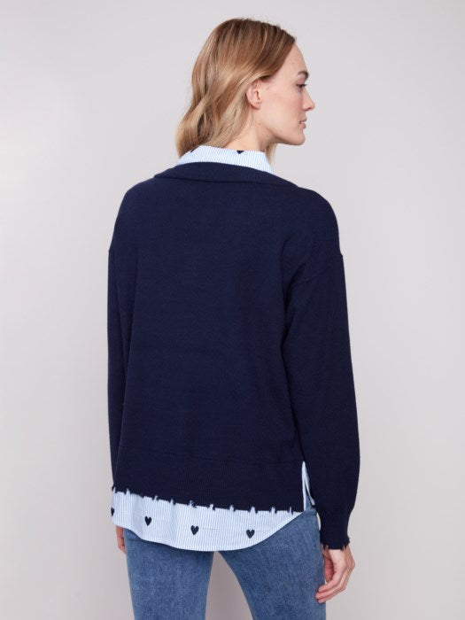 V-Neck Fooler Sweater with Embroidered Shirt by Charlie B