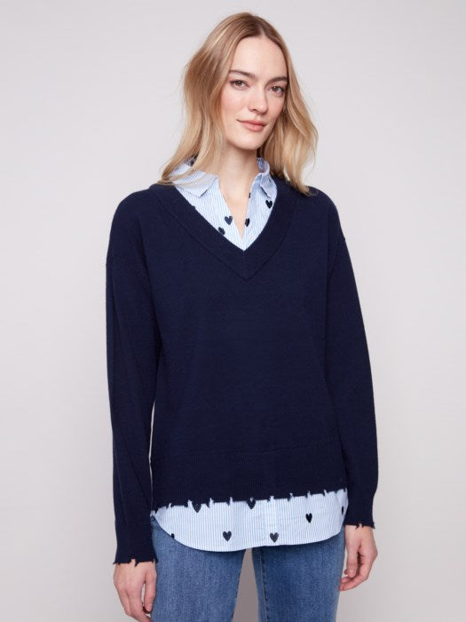 V-Neck Fooler Sweater with Embroidered Shirt by Charlie B