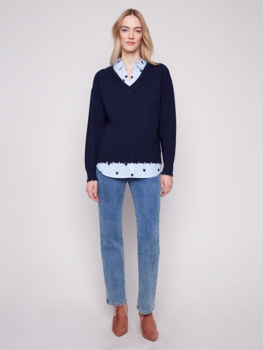 V-Neck Fooler Sweater with Embroidered Shirt by Charlie B