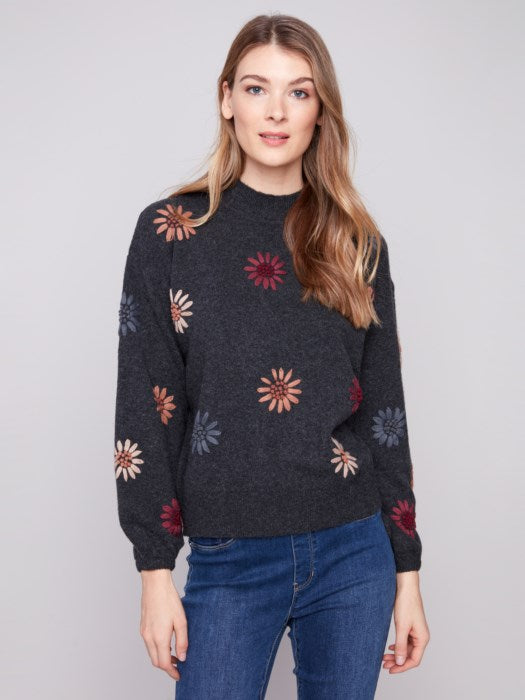 Mock Neck Sweater With Floral Embroidery by Charlie B