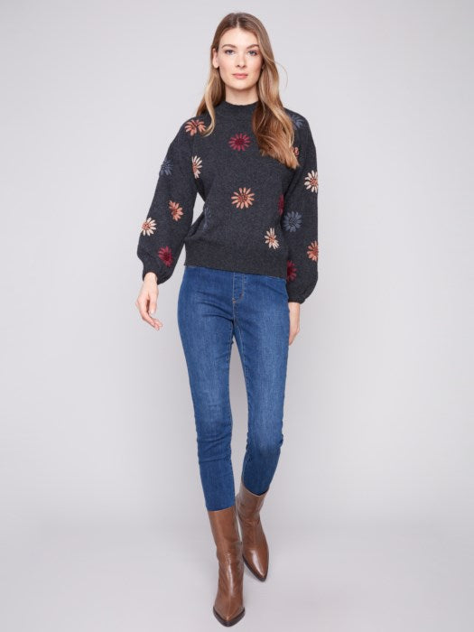 Mock Neck Sweater With Floral Embroidery by Charlie B