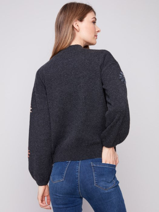 Mock Neck Sweater With Floral Embroidery by Charlie B