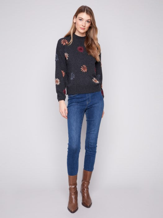 Mock Neck Sweater With Floral Embroidery by Charlie B