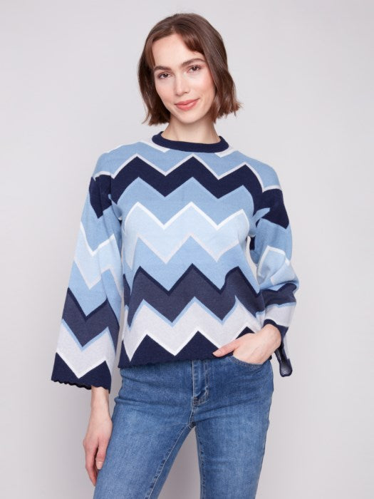Chevron Striped Crew Neck Sweater by Charlie B