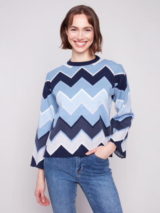 Chevron Striped Crew Neck Sweater by Charlie B