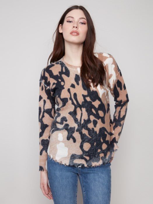 Reversible Printed Plush Sweater with Frayed Edges by Charlie B