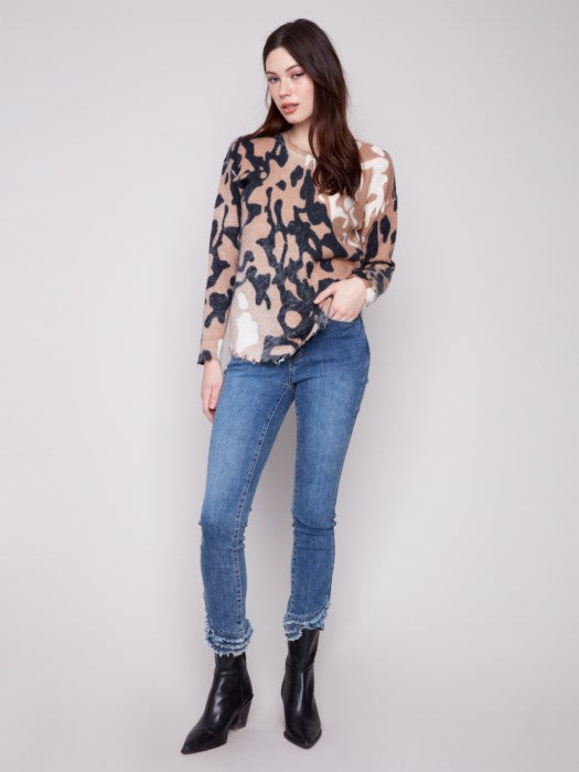 Reversible Printed Plush Sweater with Frayed Edges by Charlie B