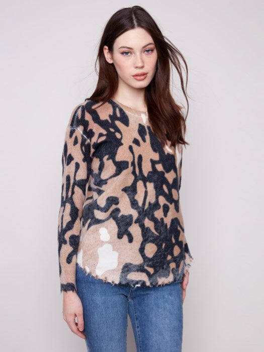 Reversible Printed Plush Sweater with Frayed Edges by Charlie B