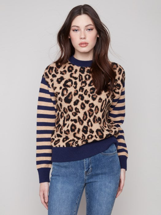 Leopard Jacquard Sweater with Striped Sleeves by Charlie B