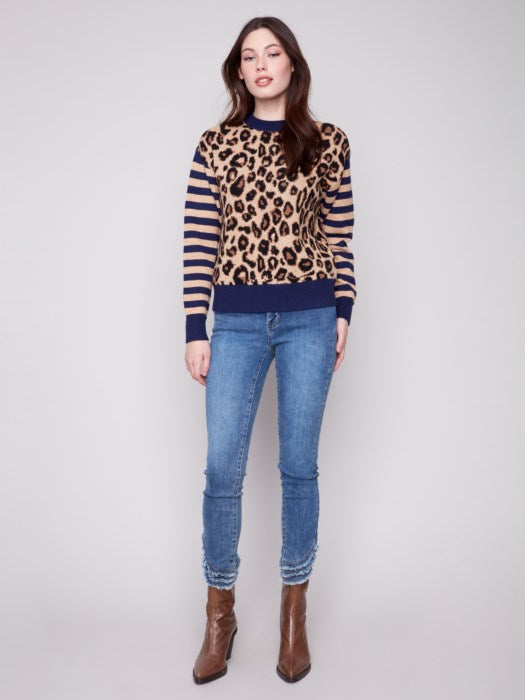 Leopard Jacquard Sweater with Striped Sleeves by Charlie B