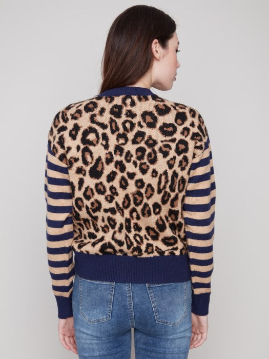Leopard Jacquard Sweater with Striped Sleeves by Charlie B