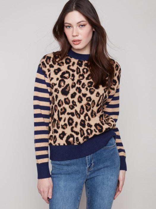 Leopard Jacquard Sweater with Striped Sleeves by Charlie B