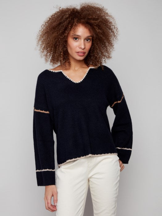 Notched Neckline Embroidered Back Sweater by Charlie B