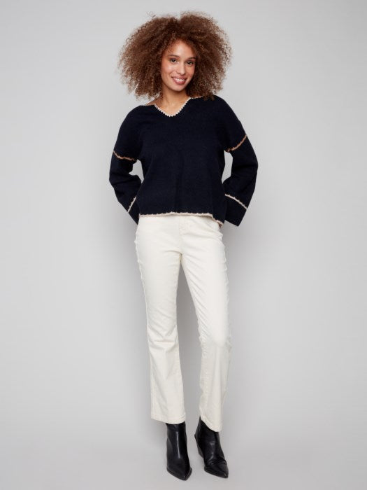 Notched Neckline Embroidered Back Sweater by Charlie B