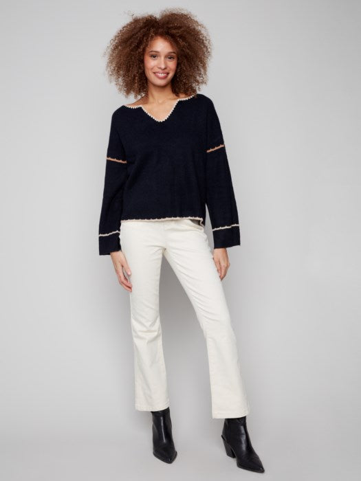 Notched Neckline Embroidered Back Sweater by Charlie B