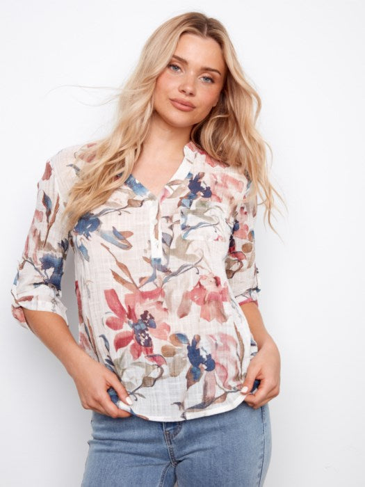 Printed Cotton Gauze Half-Button Top by Charlie B