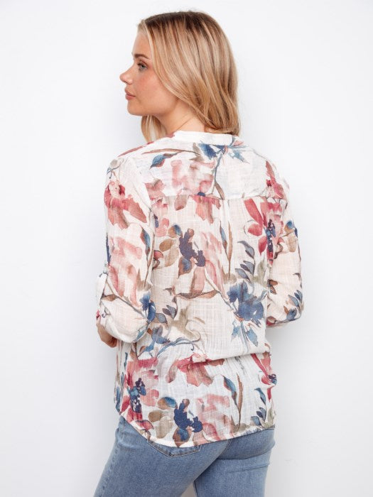 Printed Cotton Gauze Half-Button Top by Charlie B