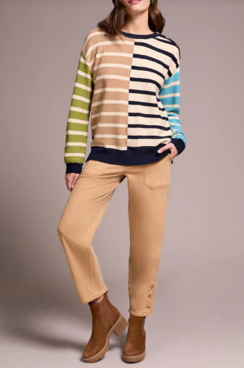 Multi Stripe Light Weight Crew Neck Sweater by Tribal