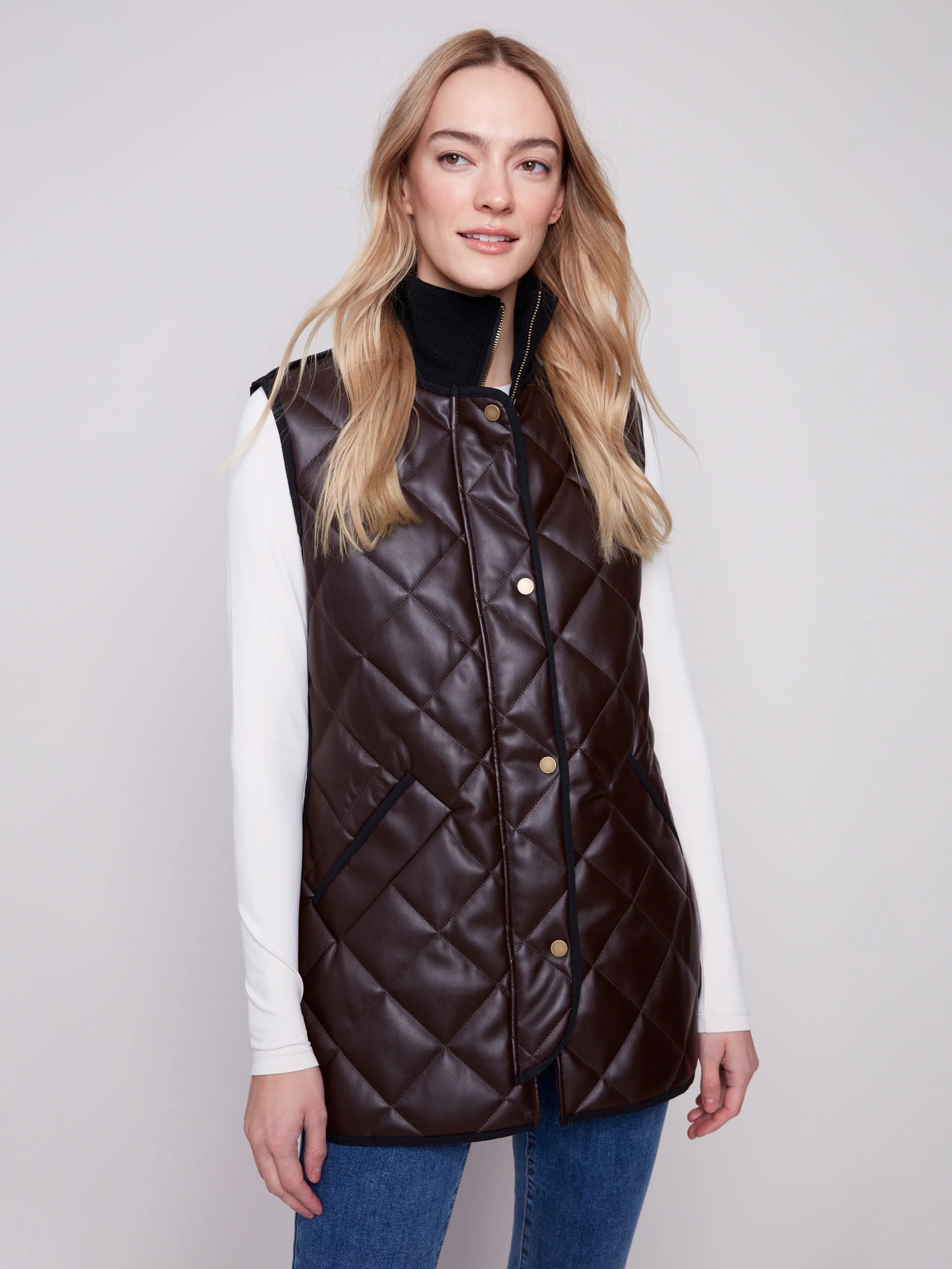 Long Quilted Faux Leather Vest by Charlie B