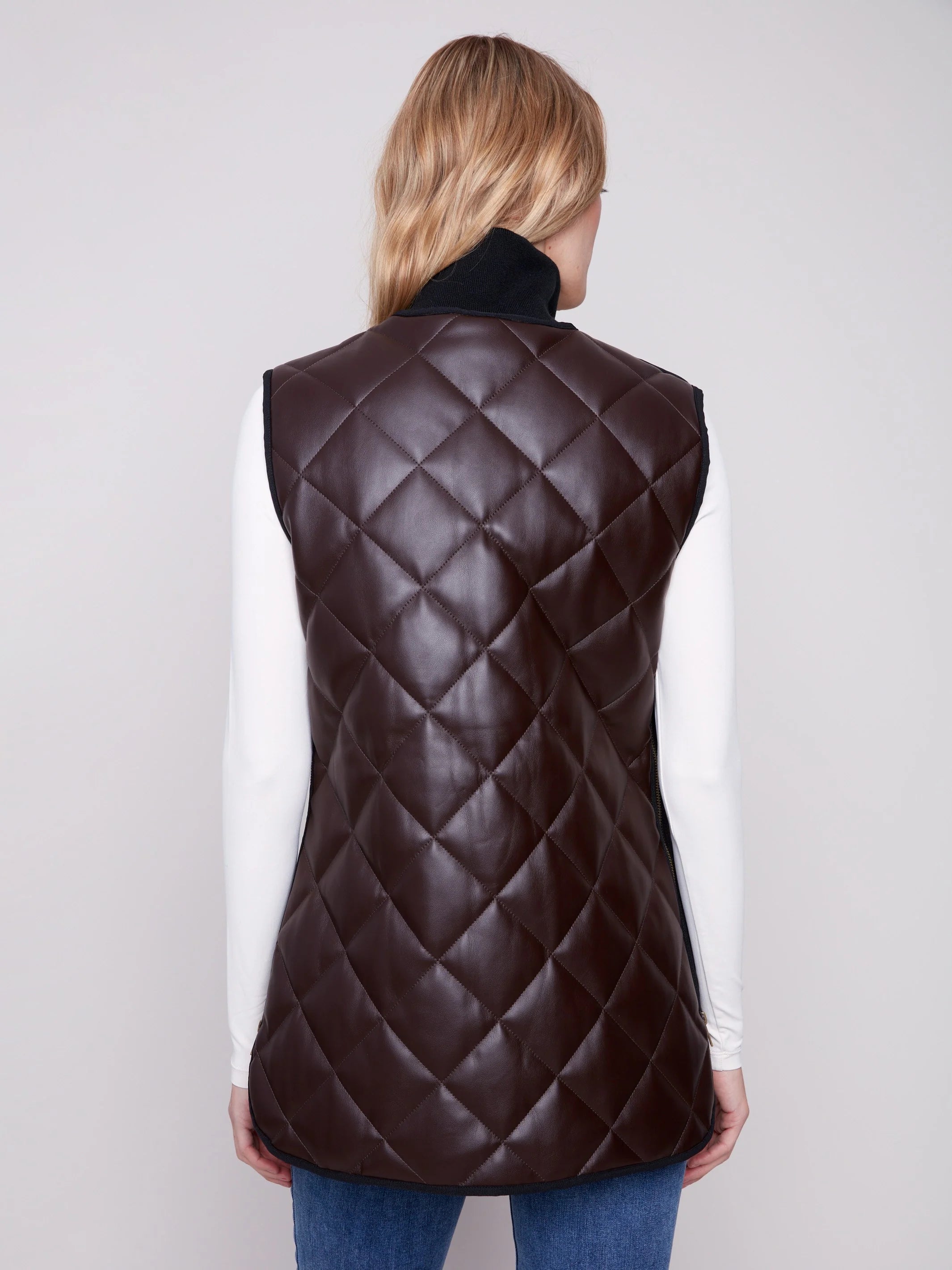 Long Quilted Faux Leather Vest by Charlie B
