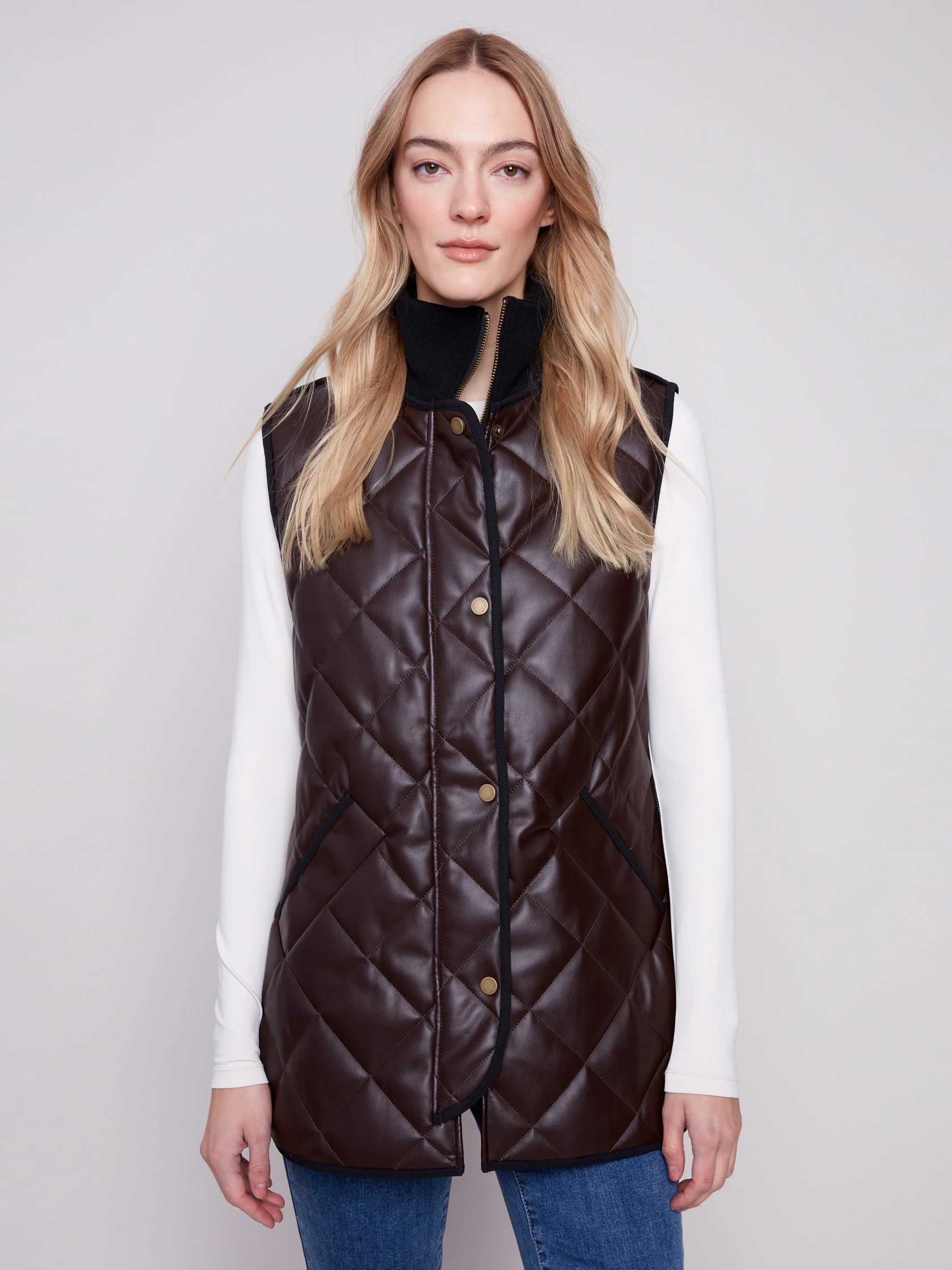 Long Quilted Faux Leather Vest by Charlie B