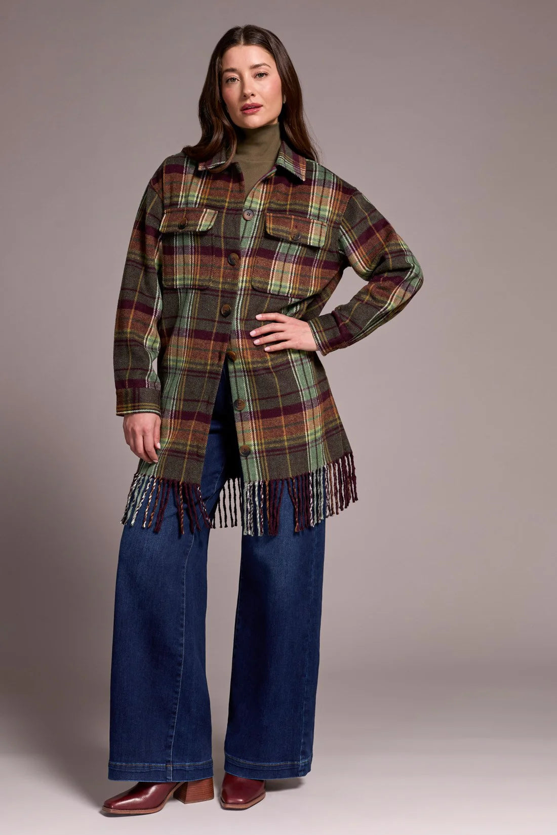 Brushed Plaid Fringed Hem Shacket by Tribal