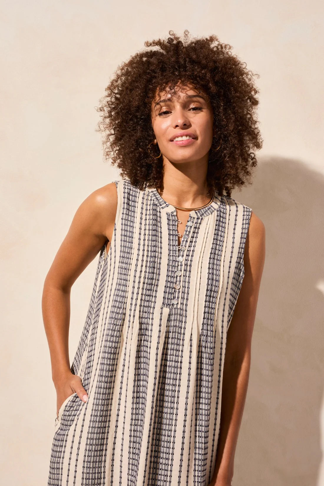 Striped Pintuck Sleeveless Dress by Tribal