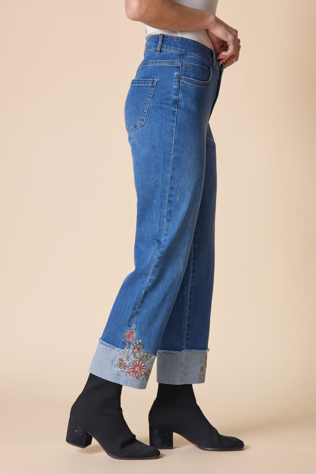 Stretch Denim Embroidered Cuffed Jeans by Habitat