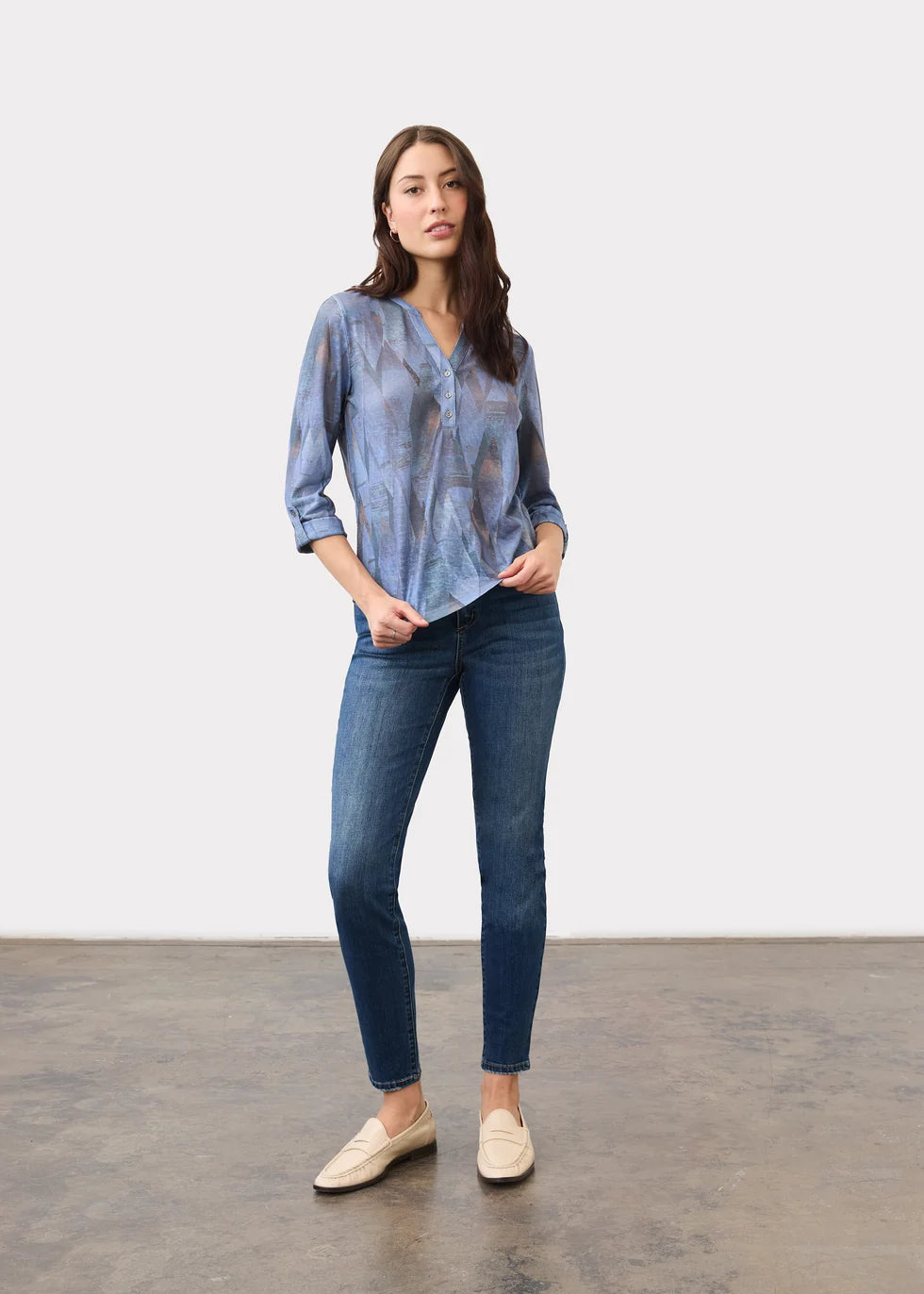 FDJ 3/4 Sleeve Henley Top, Indigo Leaf Rain