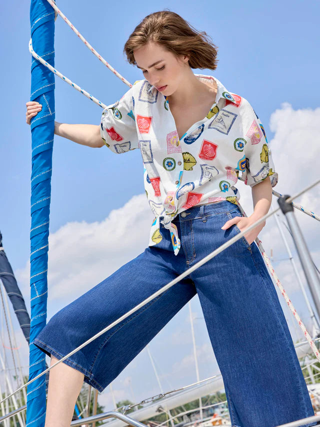 Printed Linen Blend Front-Tie Blouse - Postcard by Charlie B
