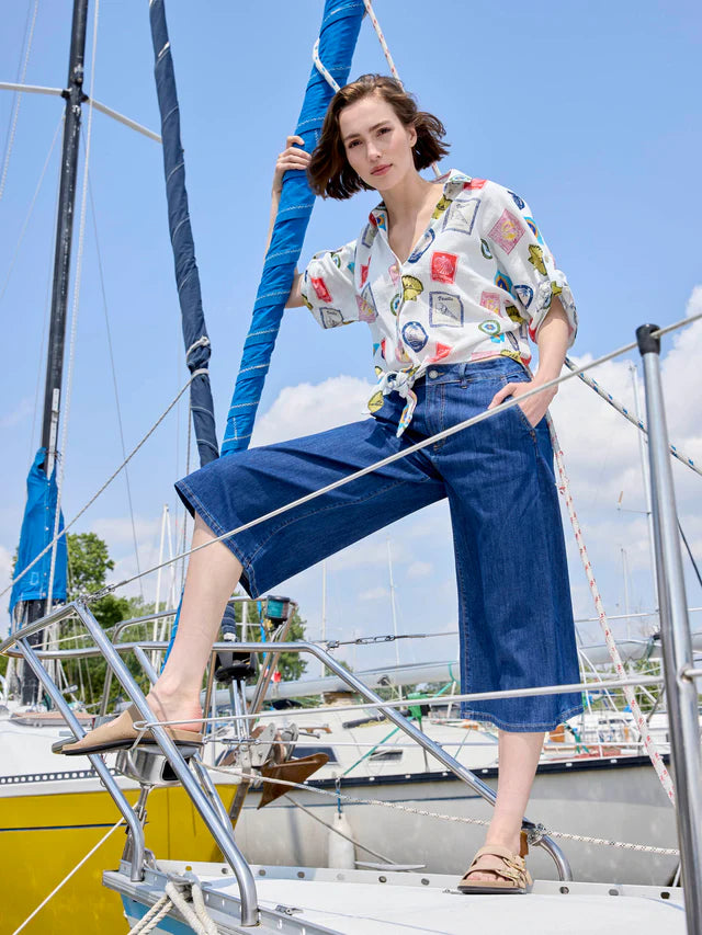 Printed Linen Blend Front-Tie Blouse - Postcard by Charlie B