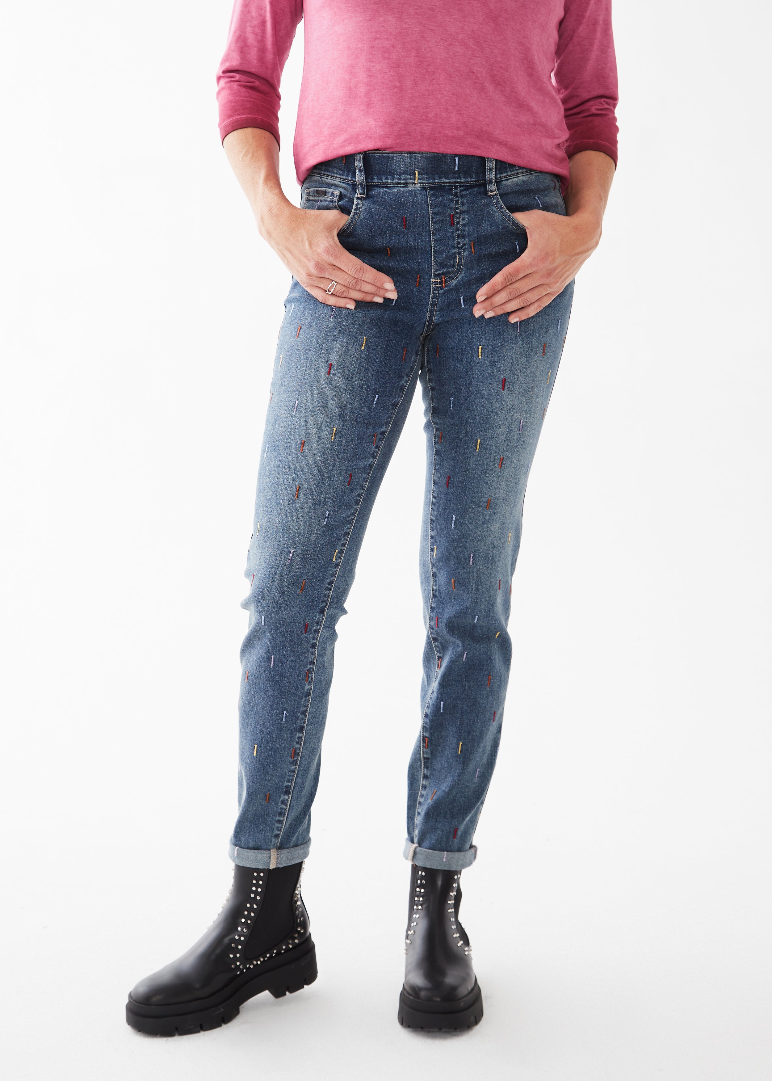 Pull-on Slim Leg Confetti Embroidered Jean by FDJ