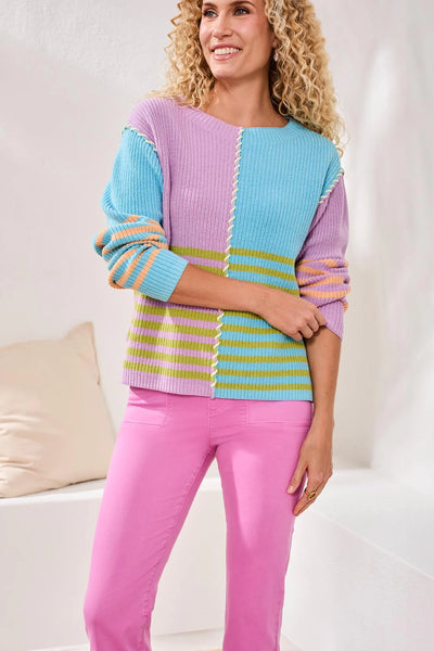 Multi Stripe Textured Boat Neck Sweater by Tribal