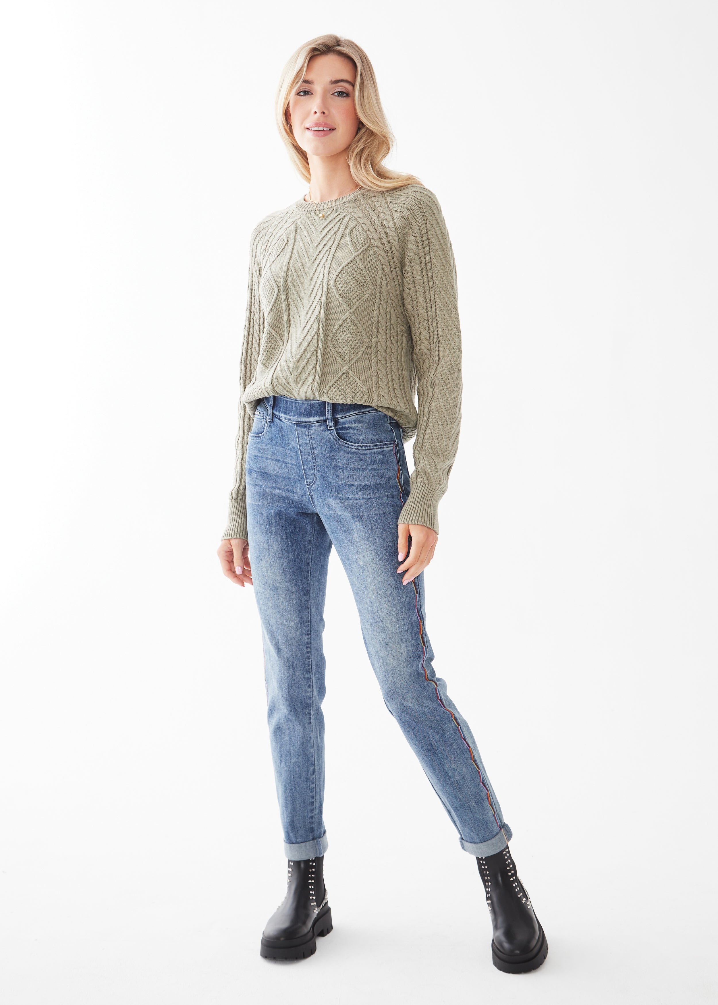 Pull-On Slim Leg Jean with Side Embroidery by FDJ