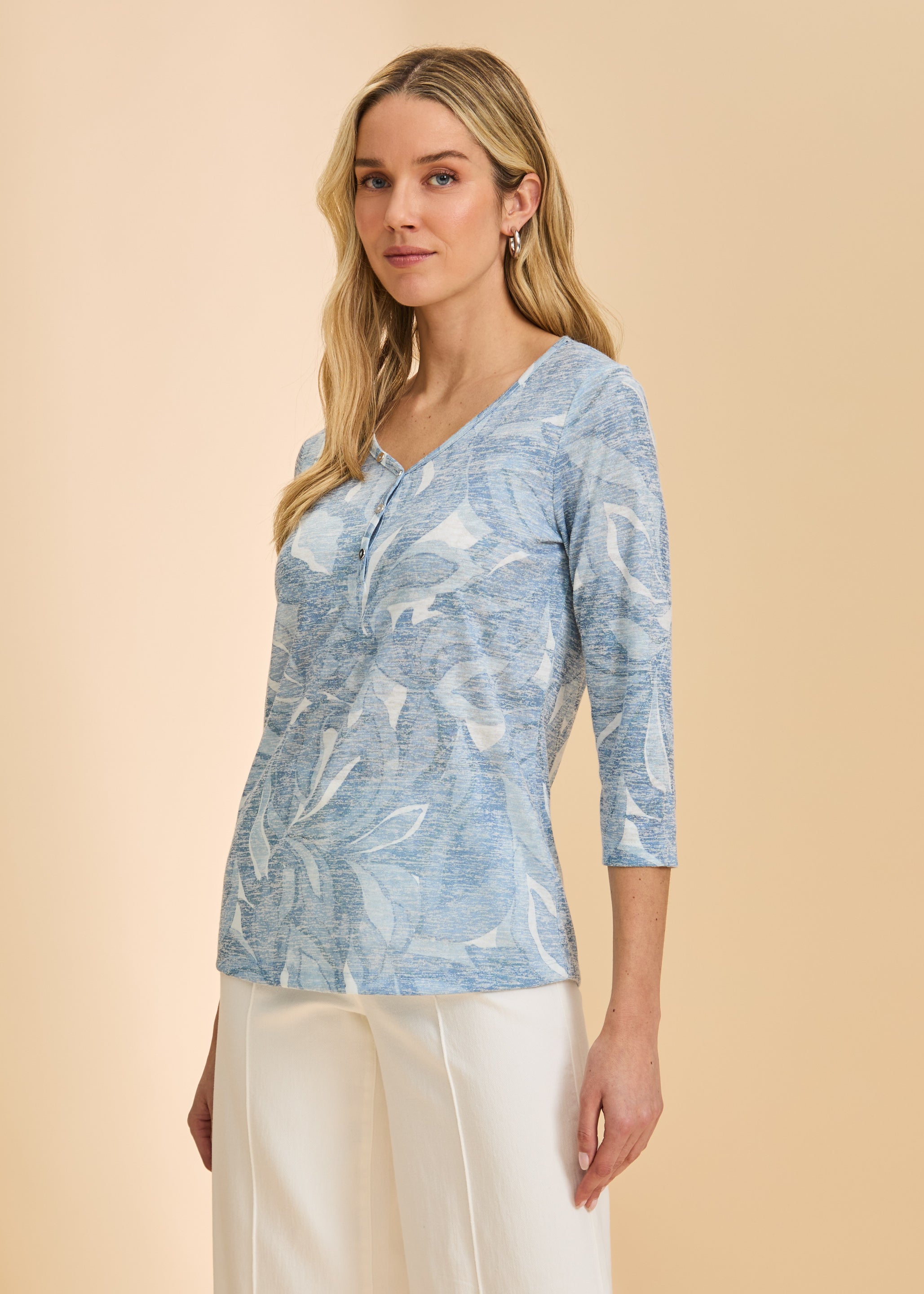 Indigo Bloom V-Neck Henley Tee by FDJ