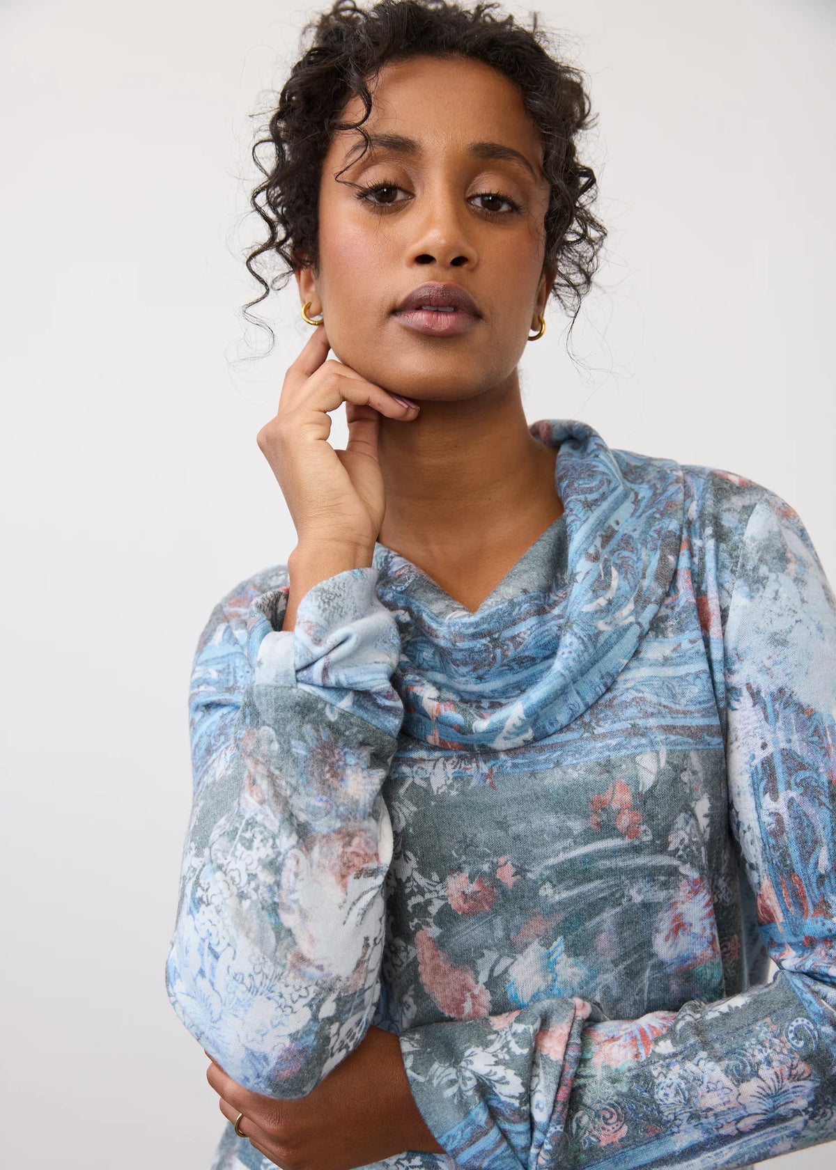 FDJ Indigo Gallery Print Cowl Neck Top