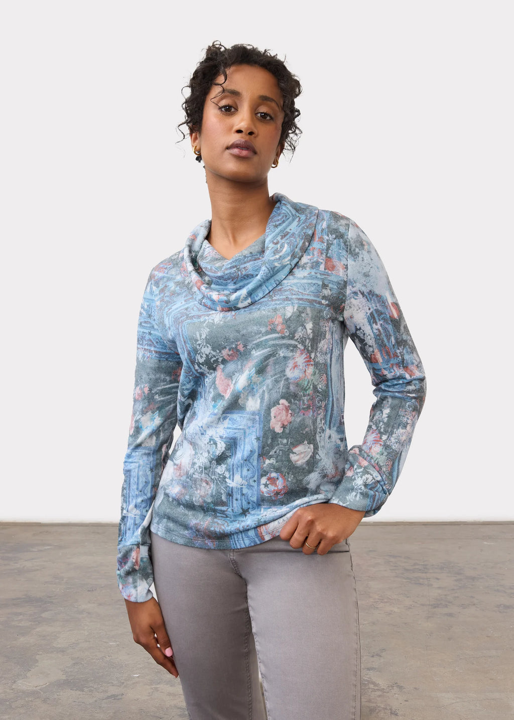 FDJ Indigo Gallery Print Cowl Neck Top