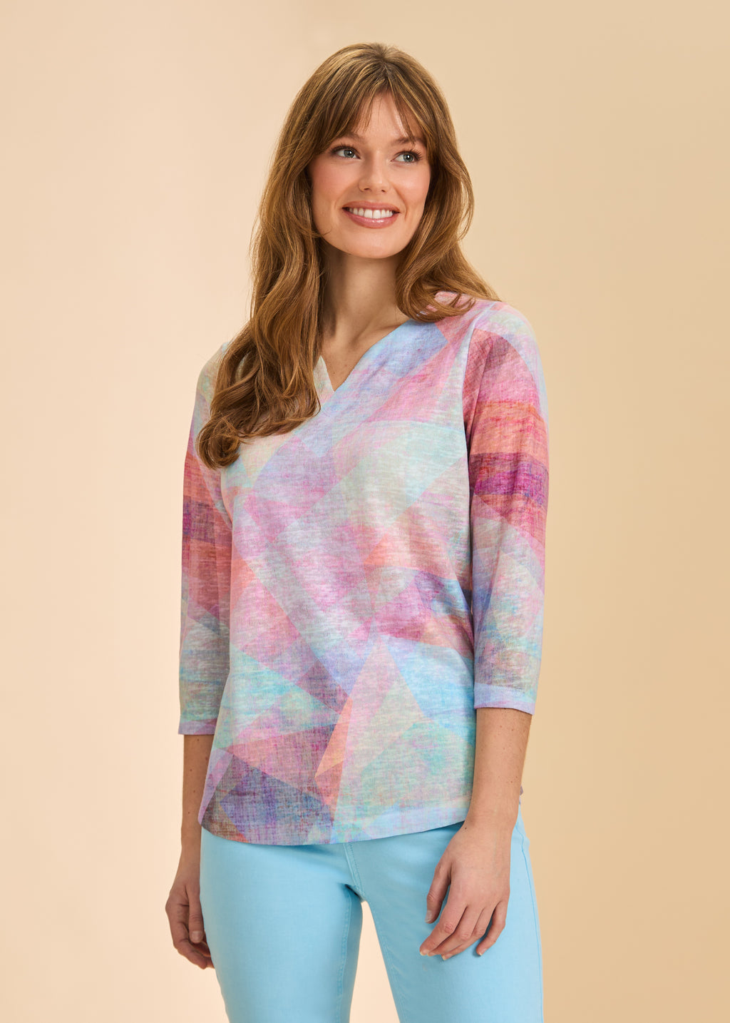3/4 Sleeve Notch Neck Top by FDJ