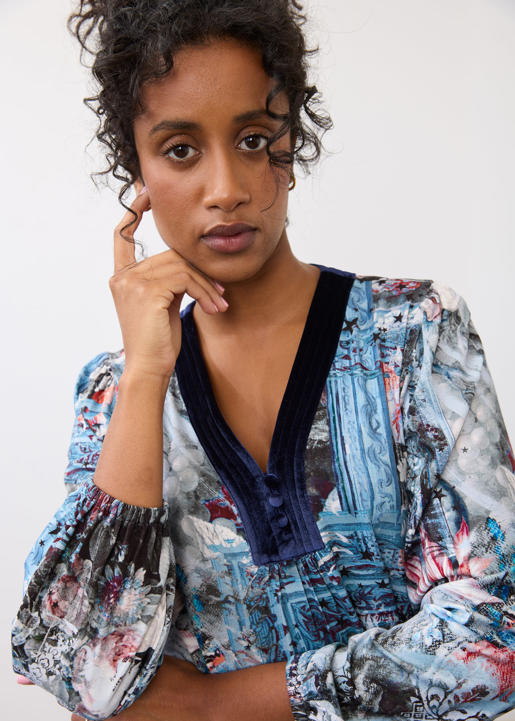FDJ Indigo Gallery Velvet Trim V-Neck Top