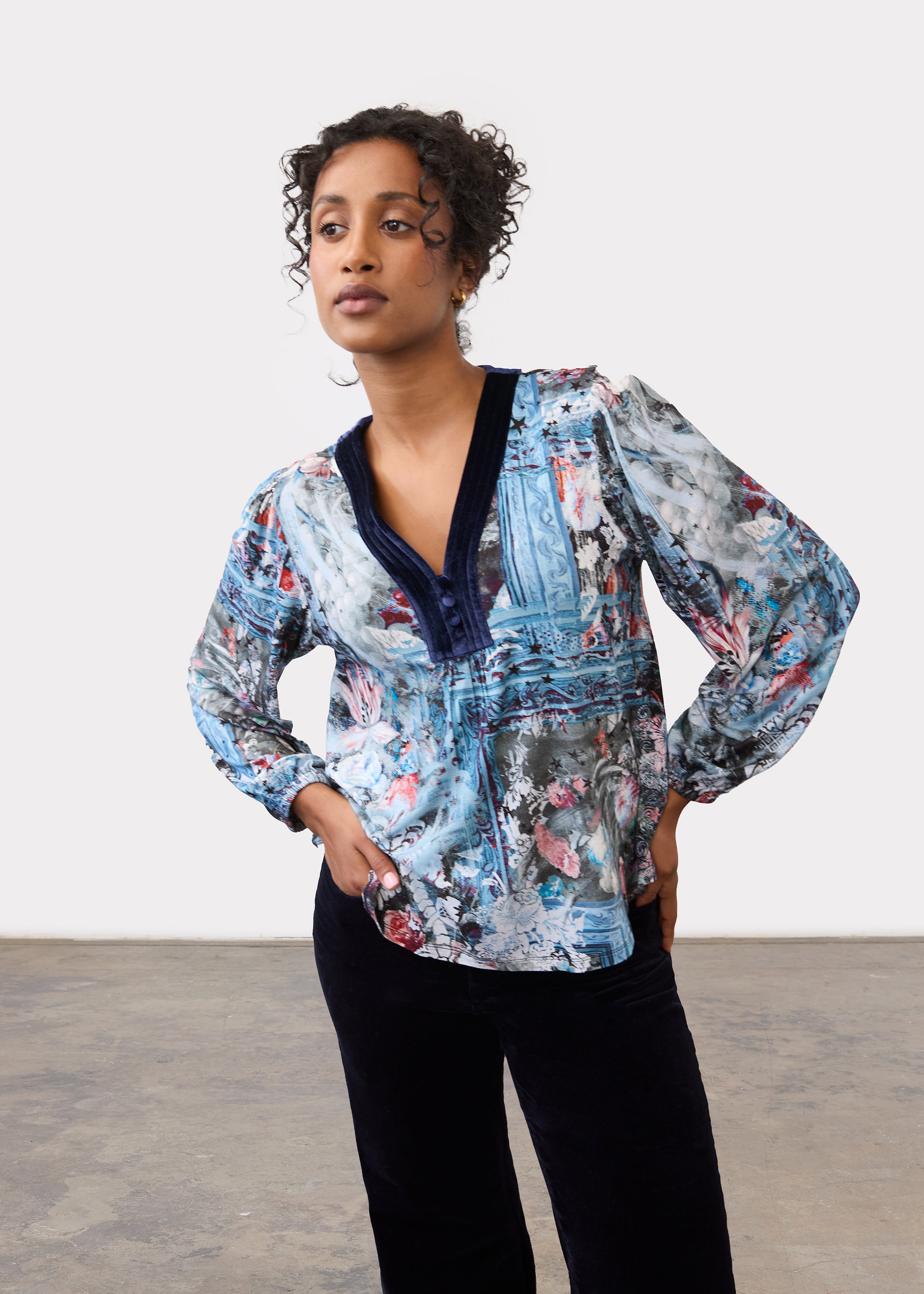 FDJ Indigo Gallery Velvet Trim V-Neck Top
