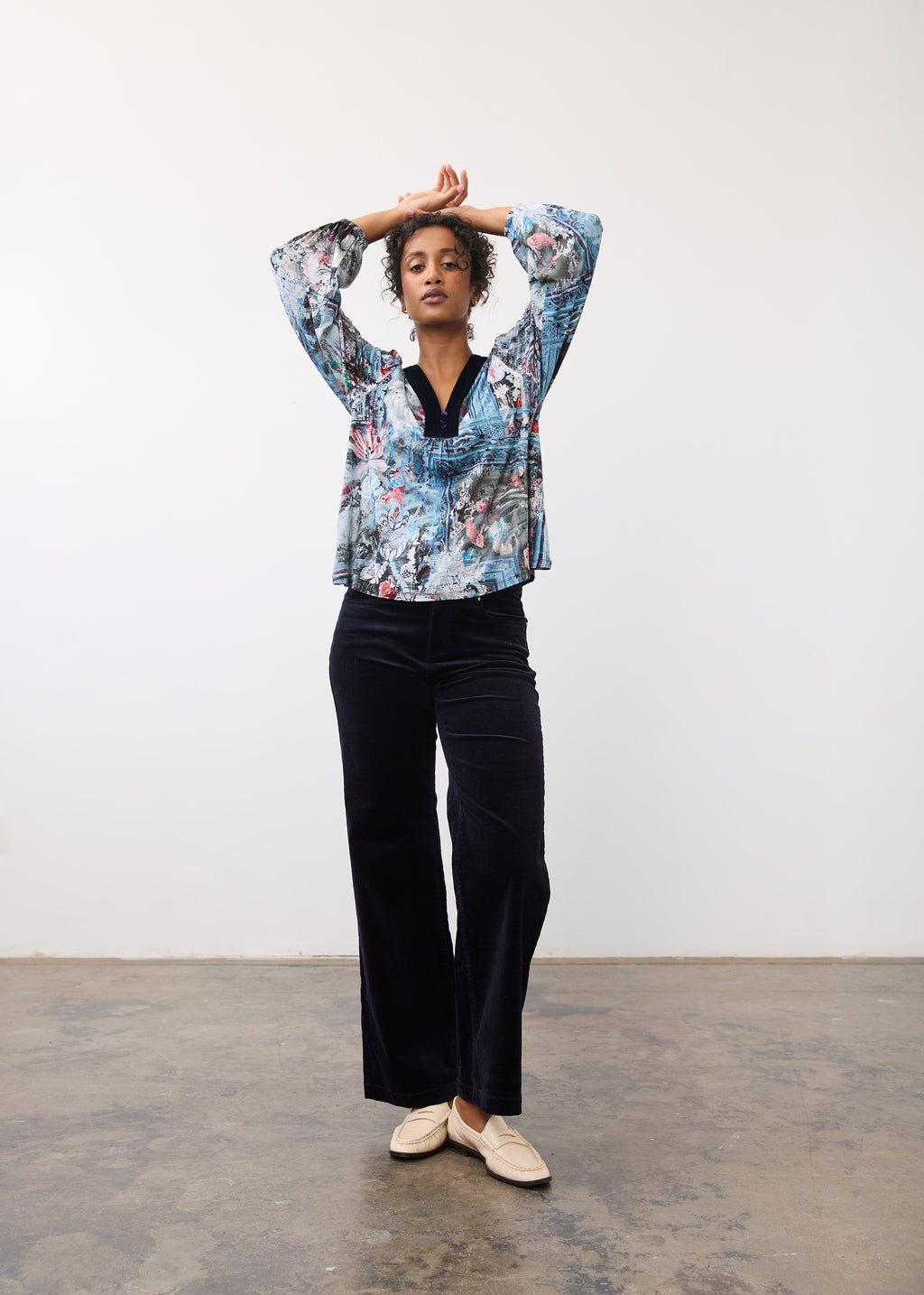 FDJ Indigo Gallery Velvet Trim V-Neck Top