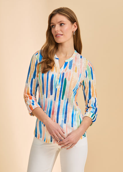 Bright Zippy 3/4 Sleeve Henley Top by FDJ