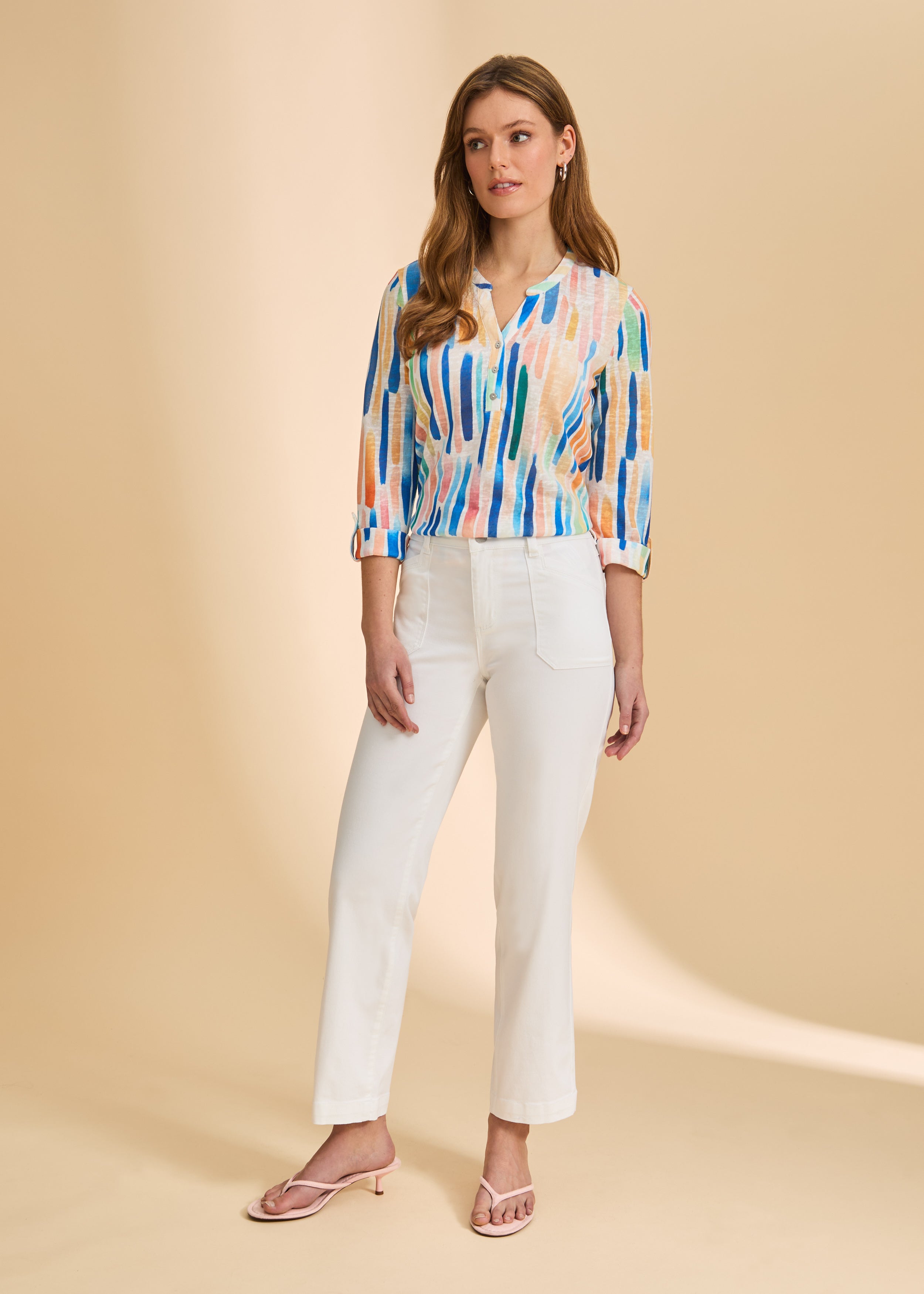 Bright Zippy 3/4 Sleeve Henley Top by FDJ