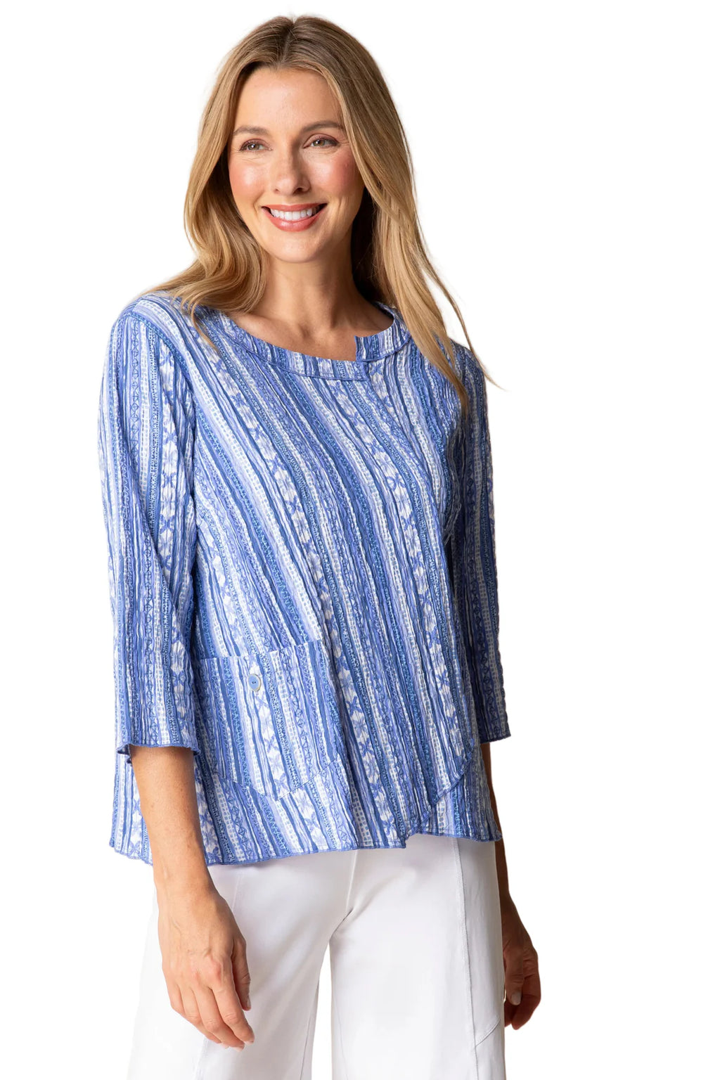 Indigo Crinkle Cotton Stripe Overlay Pocket Top by Habitat