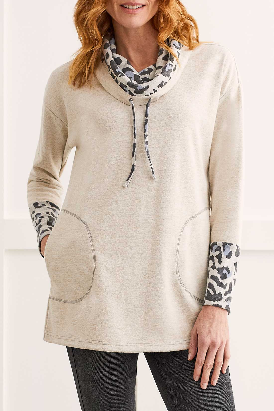 Cowl Neck Tunic with Leopard Trim by Tribal