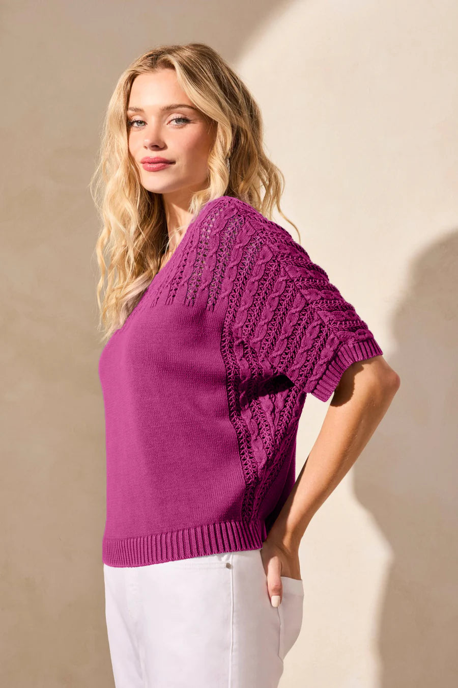 Special Wash Fancy Stitch Short Sleeve Sweater by Tribal