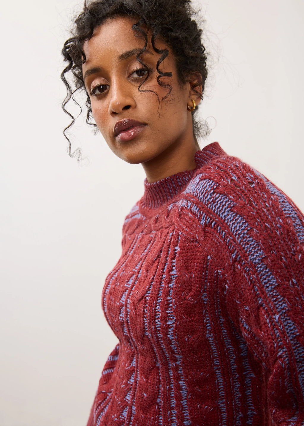 FDJ Long Sleeve Cable Sweater Wine/Indigo
